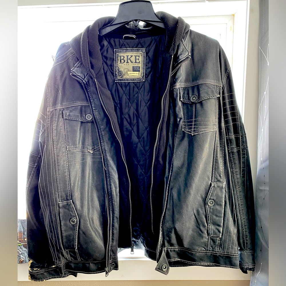 Mens xxl black hoodie faux leather jacket